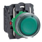 Pulsador Completo Rasante con LED Verde de Marca Schneider Electric de Serie Harmony XB5 (XB5AW33G5) con ø22m de Montaje, Cuerpo Plástico, Tipo de Operatorio Retorno de Resorte Contactos NA+NC. Alimentación 110-120VAC