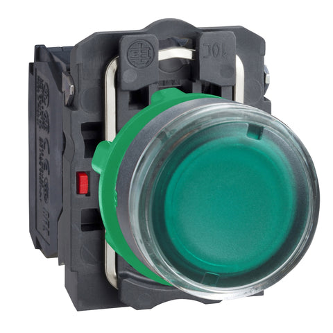 Pulsador Completo Rasante con LED Verde de Marca Schneider Electric de Serie Harmony XB5 (XB5AW33G5) con ø22m de Montaje, Cuerpo Plástico, Tipo de Operatorio Retorno de Resorte Contactos NA+NC. Alimentación 110-120VAC
