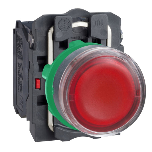 Pulsador Completo Rasante con LED Rojo de Marca Schneider Electric de Serie Harmony XB5 (XB5AW34B5) con ø22m de Montaje, Cuerpo Plástico, Tipo de Operatorio Retorno de Resorte Contactos NA+NC. Alimentación 24VAC/DC.