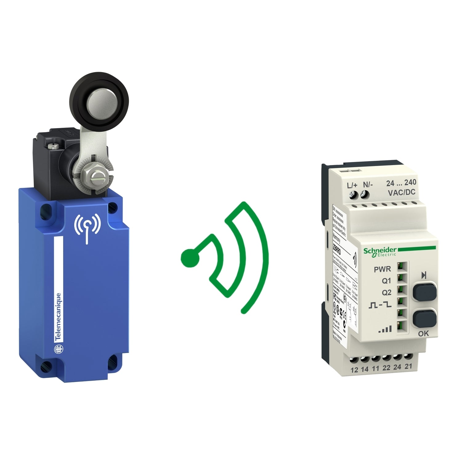 Pack de Final de Carrera Inalámbrico XCKW131 + Relé Programable ZBRRD  de Marca Schneider Electric de Serie OsiSense XCKW (XCKWD31) con Voltaje de Alimentación 24-240VAC/DC