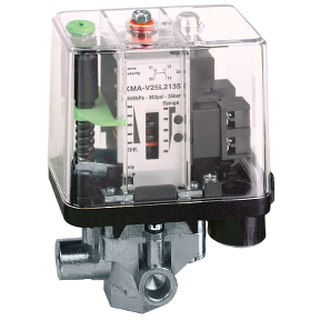 Presostato Eléctromecánico de Marca Schneider Electric de Serie OsiSense XM (XMAV25L2135) Con Rango Ajustable 50.75-362.5PSI. Conexión de fluido G 1/4 y Eléctrica 2 Entradas de Prensaestopa No. 13. Salida 1NANC.