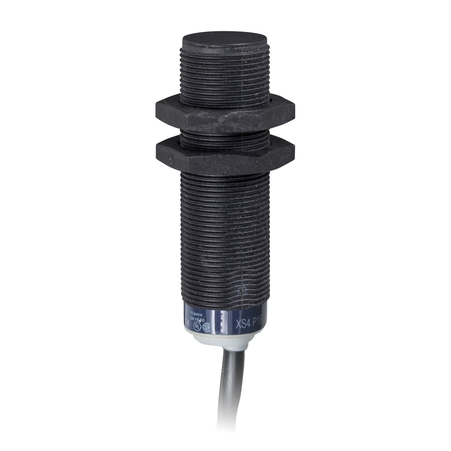 Sensor de Proximidad Inductivo de Marca Schneider Electric de Serie OsiSense XS (XS4P18MA230) con Diseño Cilindrico ø18mm, Material Plástico, Grado de Protección IP68. Tipo de Salida Relé. Precableado con cable de 2mts. Técnica de cableado 2 hilos. Alimentación 24-240VAC/VDC y Frecuencia máxima 2000(VDC)/25(VAC)Hz.