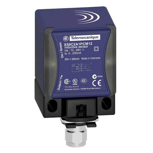 Sensor de Proximidad Inductivo Enchufable (Tornillo) de Marca Schneider Electric de Serie OsiSense XS (XS8C2A1PCM12) con Diseño Cuadrado 40x40x70mm. Tipo de Salida Digital PNP. Grado de Protección IP69K y IP67. Técnica de cableado 4 hilos. Alimentación 12-48VDC y Frecuencia máxima 300Hz
