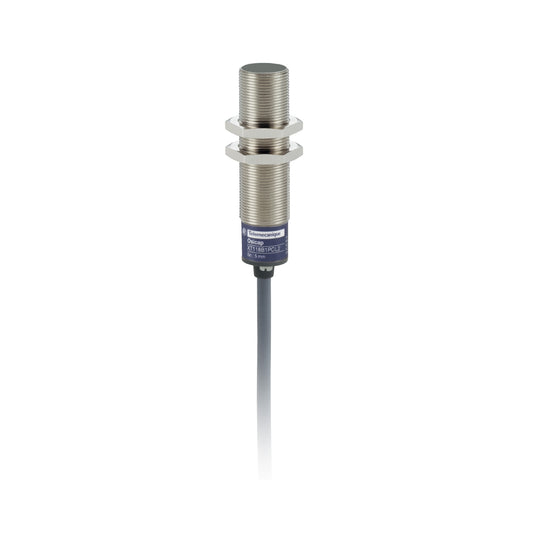 Sensor de Proximidad Capacitivo de Marca Schneider Electric de Serie OsiSense XT (XT118B1PAL2) con Diseño Cilíndrico ø18mm. Tipo de Salida PNP. Grado de Protección IP67. Técnica de cableado 3 hilos. Alimentación 24VDC y Frecuencia máxima 200Hz