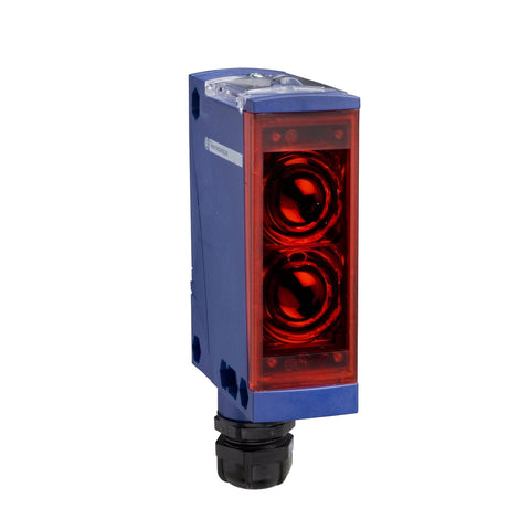 Sensor Fotoeléctrico Multimodo de Marca Schneider Electric de Serie OsiSense XU (XUX0ARCTT16) con Diseño Compacto 92x71mm, Material Plástico, Grado de Protección IP67. Tipo de Salida Relé con Temporizador (0-10s). Entrada para Cable Prensaestopa ISO 16. Técnica de cableado 5 hilos. Alimentación 24-240VDC/VAC y Frecuencia máxima 20Hz. 