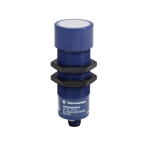 Sensor Ultrasónico de Marca Schneider Electric de Serie OsiSense XX (XX630A1PCM12) con Diseño Cilíndrico ø30mm. Tipo de Salida PNP. Grado de Protección IP67. Conexión M12 (Macho - 4 Pines). Técnica de cableado 4 hilos. Alimentación 12-24VDC y Frecuencia máxima 10Hz.