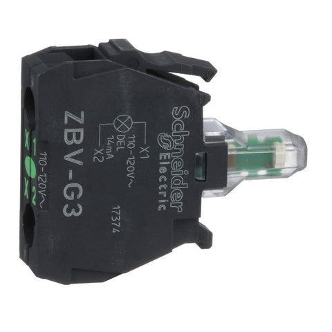 Bloque LED Verde de Voltaje 110-120VAC. Accesorio para Mando y Señalización Harmony XB4, XB5, XALD, XALK, XALF de Marca Schneider Electric (ZBVG3).